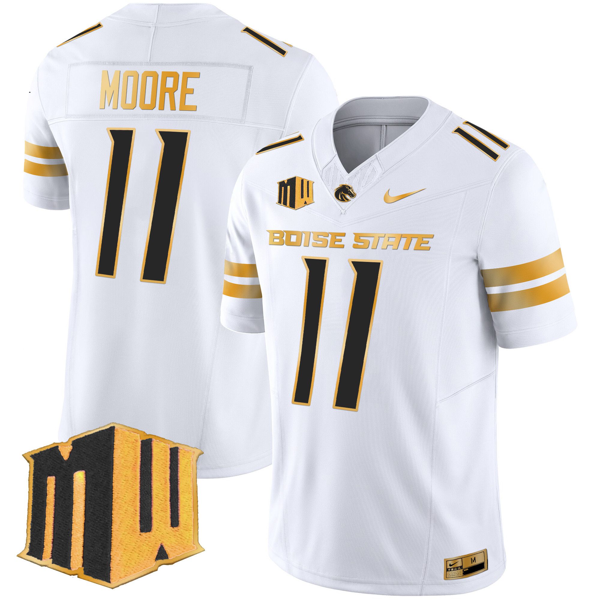 Men Boise State Broncos #11 Moore White Nike 2024 Gold Vapor Limited NCAA Jersey